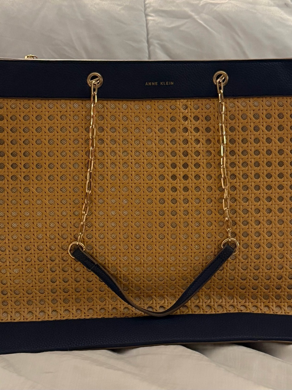 Anne Klein Navy and Mustard Woven Tote with Gold Chain Straps